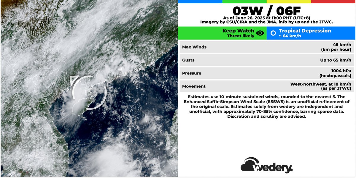 wederyweens's tweet photo. Tropical depression #03W (JTWC label) / #06f (PAGASA label) has recently made landfall over the Leizhou Peninsula and maintained its intensity from yesterday. Strong rain and gusty winds may be observed over the area as well as northern Hainan. Keep watch! https://t.co/QObI6jr5Ul