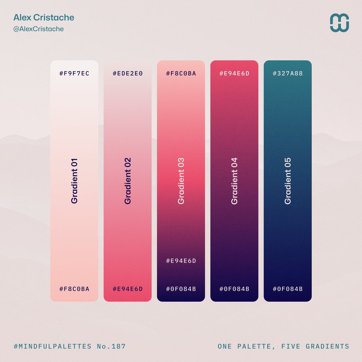 5 #gradients based on the #MindfulPalettes no. 187 color palette.

1. F9F7EC → F8C0BA
2. EDE2E0 → E94E6D
3. F8C0BA → E94E6D → 0F084B
4. E94E6D → 0F084B
5. 327A88→ 0F084B