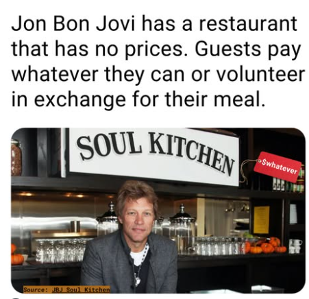 insane1 Soul Kitchen operates as a community restaurant where no prices appear on the menu; patrons contribute donations to cover their meals.