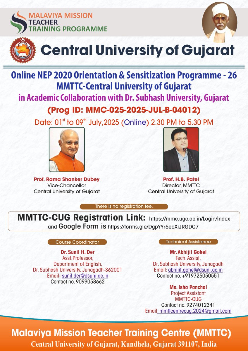 Join the Online NEP 2020 Orientation &amp; Sensitization Programme organized by MMTTC-CUG, July 01–09, 2025 (2:30–5:30 PM).
Open to all faculty members—any subject, designation, or appointment type.
Register here: [forms.gle/DgpYYr5eoXiJRG…]
Also register on MMTTC Portal.