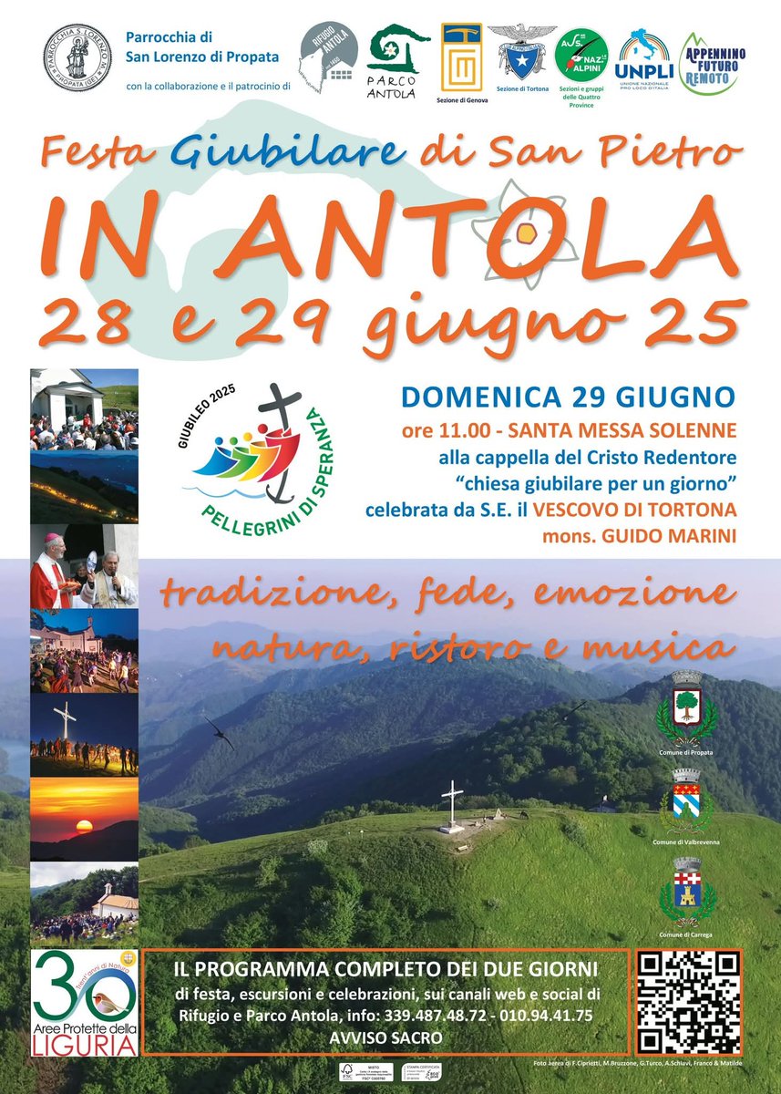 Sabato 28 e domenica 29 giugno la tradizionale Festa di S.Pietro sul Monte Antola, che quest' anno è anche metà giubilare. Vi aspettiamo numerosi da tutte le <a href="/ValliAntola/">Valli dell'Antola</a>