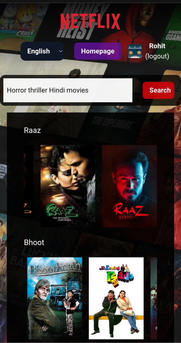 RohitMo80016521's tweet photo. Built a Netflix Clone with AI Search, live now! π¬
π https://t.co/2KyzddPB5N
React + Vite + TailwindCSS | Firebase | TMDB | YouTube | Gemini AI
Big thanks to @akshaymarch7 for the guidance! π
#ReactJS #Vite #TailwindCSS #Redux #Firebase #TMDB #GeminiAI #AI #NetflixClone https://t.co/M3Gvp0HQTJ