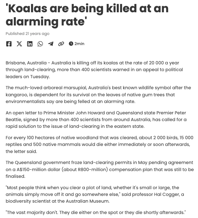 Deborah Tabart OAM (The Koala Woman) (@deborahtabart) on Twitter photo 2003: Warning – 20,000 koalas killed annually in QLD
2025: There's likely fewer than 5,000 left in SE QLD
Politicians failed us! The current Minister <a href="/MurrayWatt/">Senator Murray Watt</a>, was part of the QLD Gov that approved these mass land clearing. Now he promises protection. #KoalaProtectionAct NOW! 2003: Warning – 20,000 koalas killed annually in QLD
2025: There's likely fewer than 5,000 left in SE QLD
Politicians failed us! The current Minister <a href="/MurrayWatt/">Senator Murray Watt</a>, was part of the QLD Gov that approved these mass land clearing. Now he promises protection. #KoalaProtectionAct NOW!