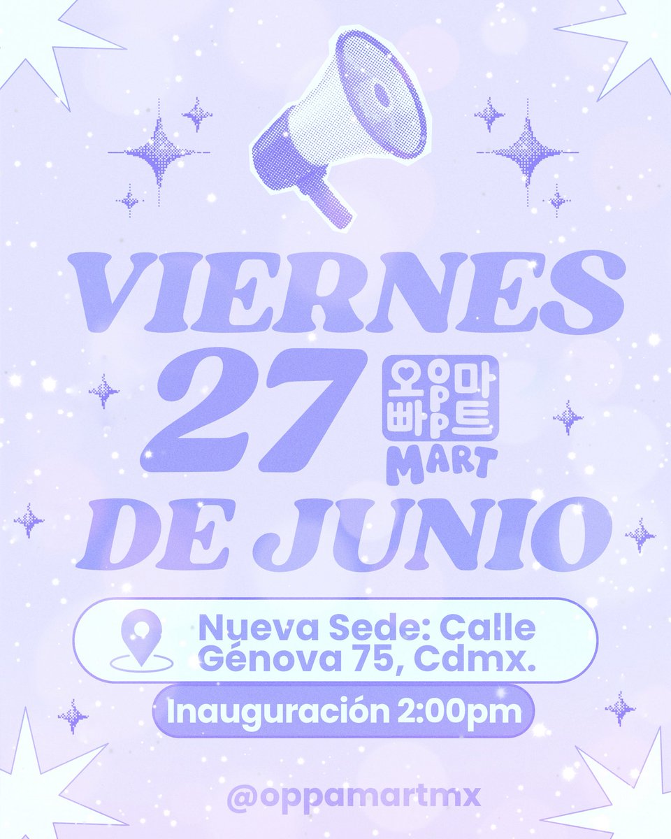 oppamartmx's tweet photo. 🚨APERTURA NUEVA SEDE🚨

Este viernes 27 de junio será la apertura!  A solo unos pasos de la Glorieta de Los Insurgentes, ✨OPPA MART✨ te espera ahora en la calle Génova 75, en el primer piso! 

#oppamart #tiendadeconveniencia #kpopmexico #kpopstore #productoscoreanos #corea https://t.co/oOgHH17i3v