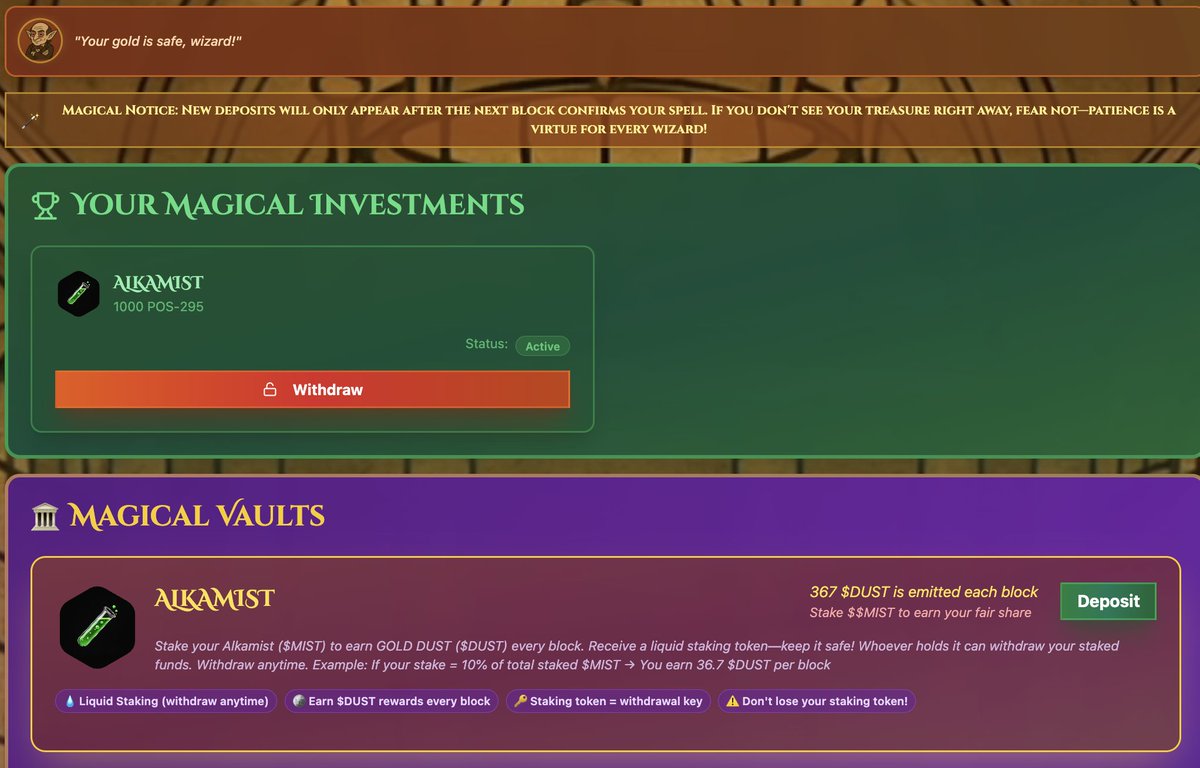 Huaguibtc's tweet image. 🧪 #ALKAMIST 药水第二期，铸造的 #GOLDDUST 代币，玩法跟第一期一样。

区别在于总量根据铸造用户的笔数（5万笔）来确定，占总量的30%，剩下的 70% 通过质押 药水，甲烷，柴油等代币获得，每个区块367枚。

质押随时可以取回，除了gas，没有额外费用！