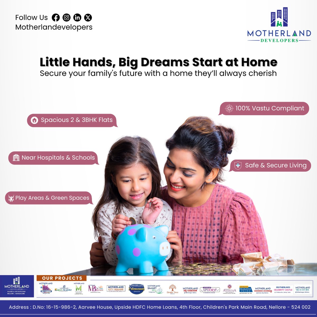 MotherlandDev's tweet photo. Little Hands, Big Dreams Start at Home
Looking for the perfect family home?
Discover spacious 2 &amp; 3BHK flats designed with 100% Vastu, luxury ambience, and  pollution-free environment.

Spot Registration
Close to schools, hospitals &amp; shopping
Kids’ play area

Call: 7995422201, 04 https://t.co/PEMDxI1rZq
