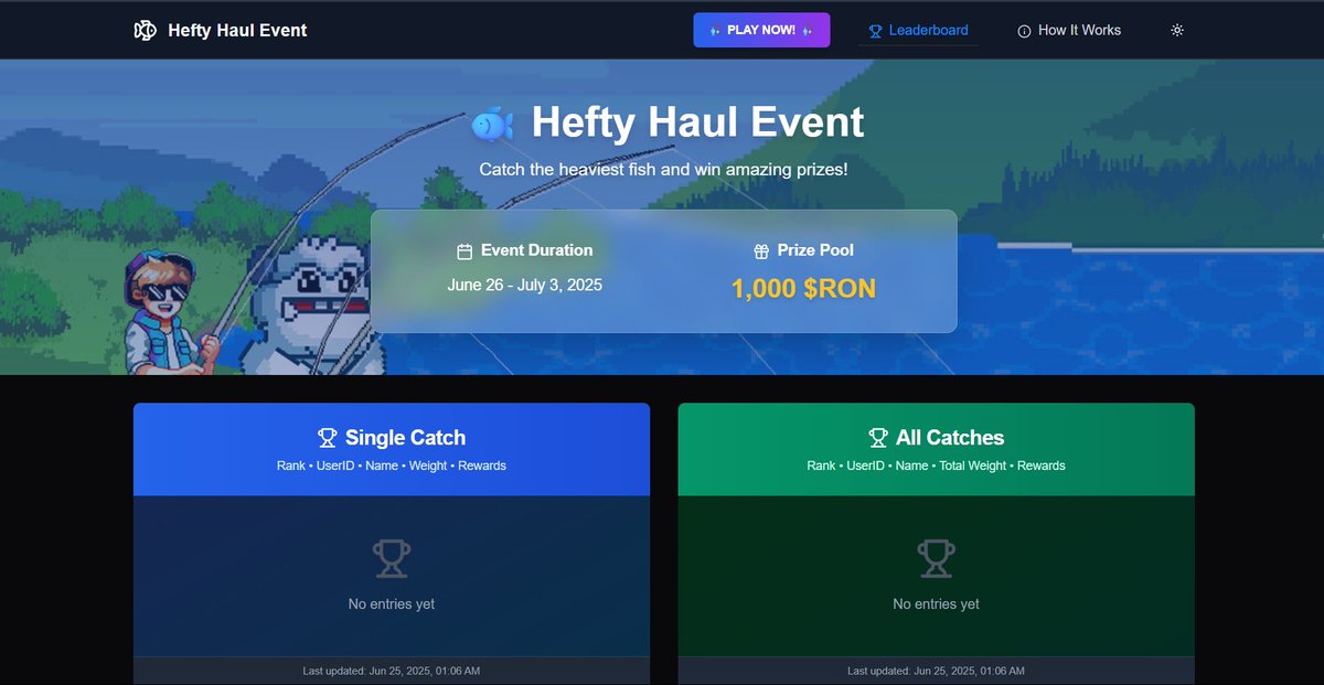 New week, new update on <a href="/FishingFrenzyCo/">Fishing Frenzy</a> 🎣

Their first-ever event website is live, and it’s sleek, smooth, and user-friendly! ⚡️

I’d love a full platform with a full ff wiki, creators leaderboard, and live event updates please <a href="/xdereklau/">Derek 🗺️</a> <a href="/0xconfucian/">JW</a> 

More dynamic,