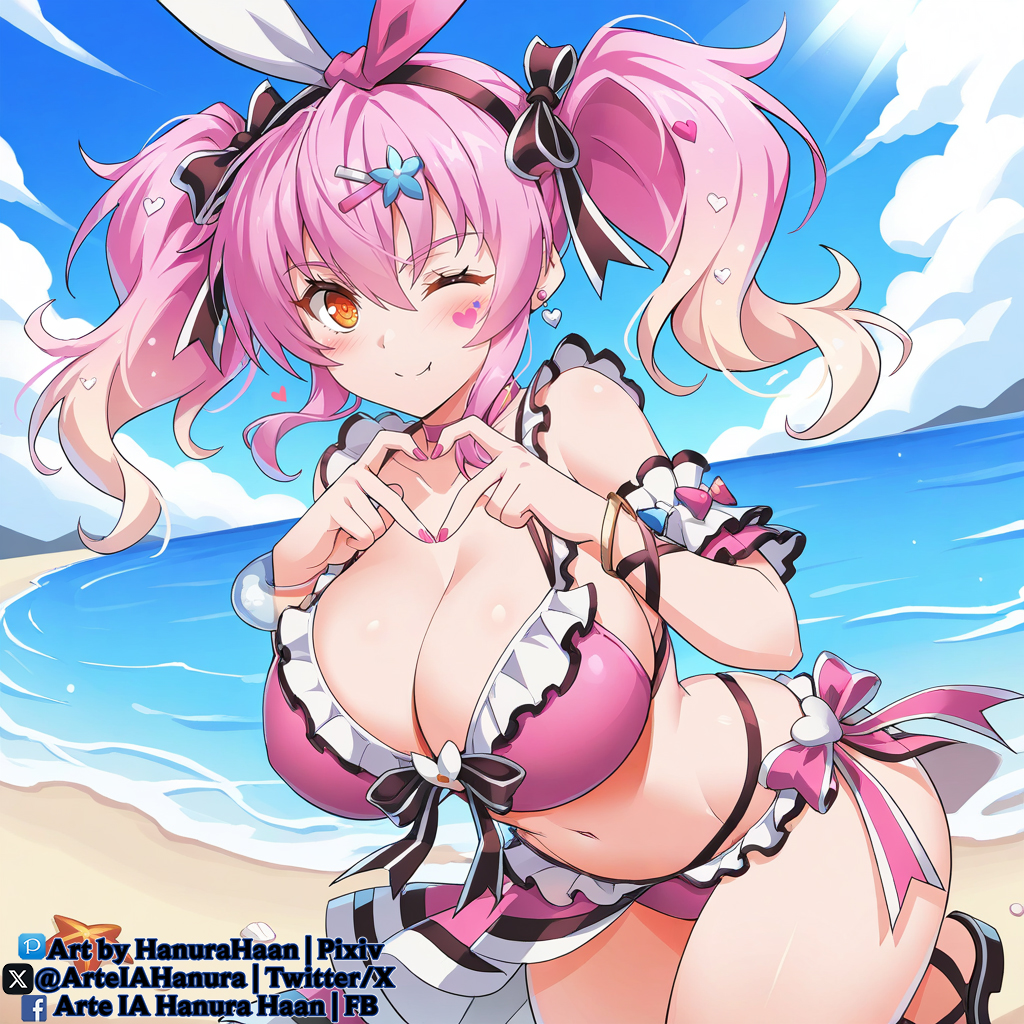 ArteIAHanura's tweet photo. Amy T – haciendo corazon en la playa
💖 Amy T en la playa haciendo un corazón con las manos, dulce y traviesa a la vez. Verano, sol y una waifu encantadora.
#AmyT #GrandChase #SwimsuitGirl #EcchiArt https://t.co/GjuM4A7NFD