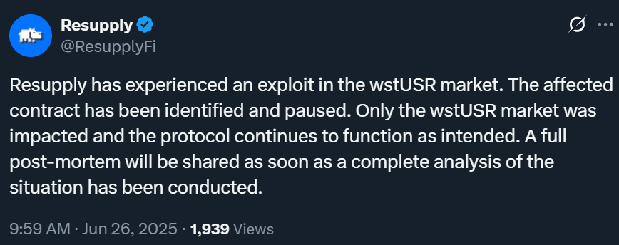 ICryptoCrown's tweet photo. 🚨 JUST IN: Stablecoin protocol Resupply has been hacked, with attackers draining around $9.5 million 😨
#DeFi #Resupply #Hack https://t.co/E92iR8rVTT
