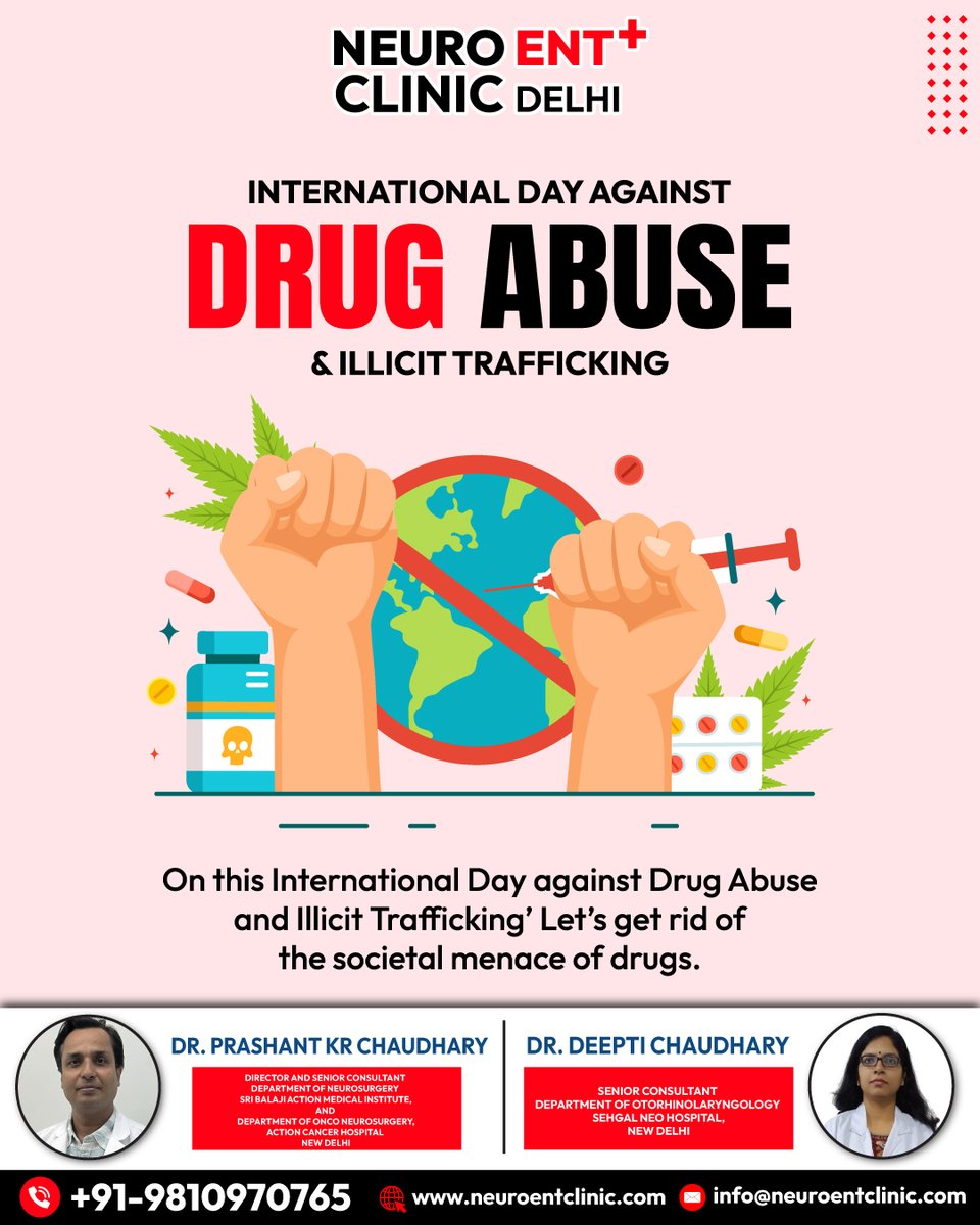 Neuroent_Clinic's tweet photo. International Day Against Drug Abuse & Illicit Trafficking
#InternationalDayAgainstDrugAbuse #SayNoToDrugs #DrugFreeIndia #MentalHealthAwareness #NeuroENTClinic #BrainAndSpineCare #RehabCounselling #NeurosurgeryExperts #DrPrashantKumarChaudhary #DrDeeptiChaudhary https://t.co/URE1VP21He