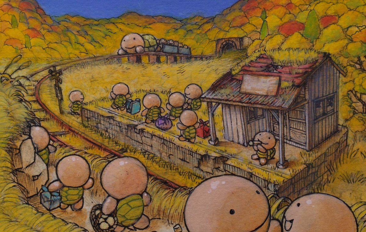 カレンダー用イラストです
季節はずれですが。
あまりに蒸し暑いのでお目だけでも
涼しく。
「行楽に出発せんとするかめ達」の図。