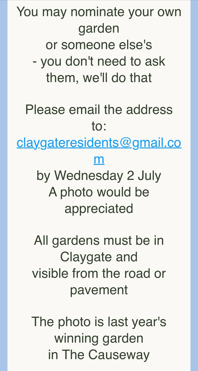 The Best Front Garden Competition is open. Please send in your photos by Wednesday 2 July. Thank you.