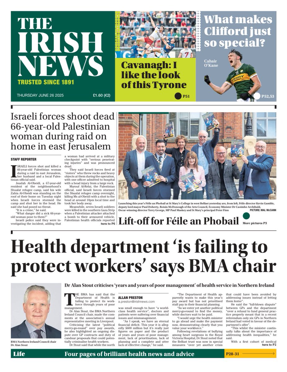 The front page of today’s Irish News.