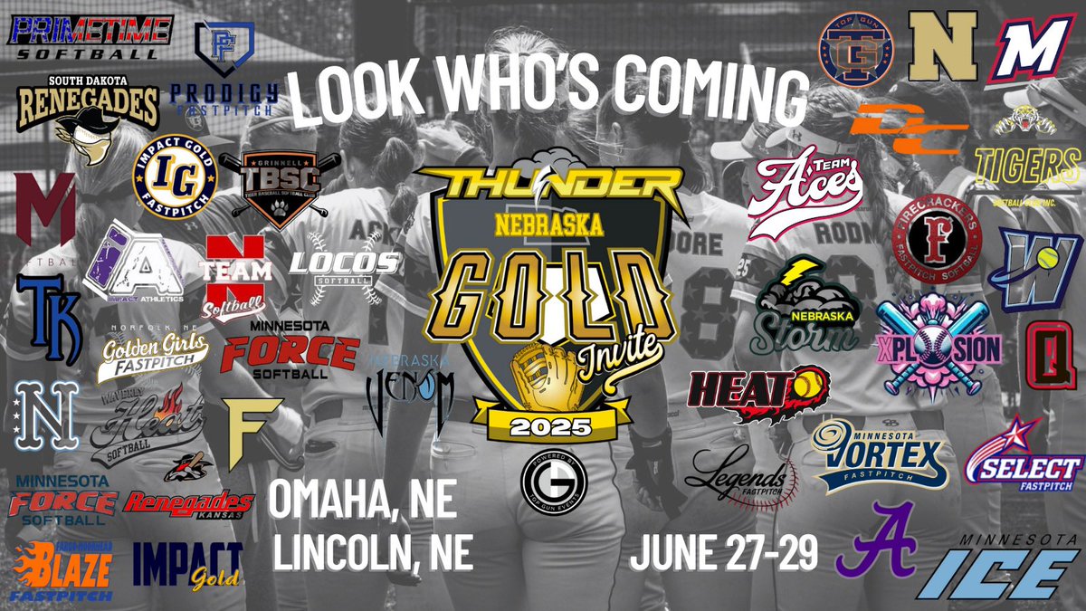 Top Gun Events (@topgunevents) on Twitter photo Nebraska Thunder Gold Invite
Powered by Top Gun Events
📍 Omaha & Lincoln | 📅 June 27–29
🔥 Look Who’s Coming! 🔥
Elite club teams from across the region ready to compete at the highest level!
#ThunderGoldInvite #TopGunEvents #OmahaSoftball #LincolnSoftball #ClubSoftball2025 Nebraska Thunder Gold Invite
Powered by Top Gun Events
📍 Omaha & Lincoln | 📅 June 27–29
🔥 Look Who’s Coming! 🔥
Elite club teams from across the region ready to compete at the highest level!
#ThunderGoldInvite #TopGunEvents #OmahaSoftball #LincolnSoftball #ClubSoftball2025
