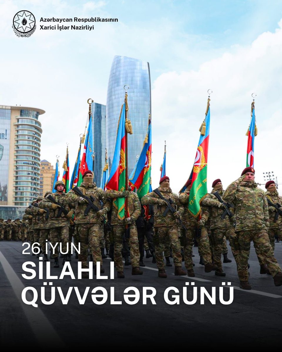 June 26 marks the 107th anniversary of the Armed Forces of Azerbaijan!
Led by Victorious Commander-in-Chief President Ilham Aliyev, our Armed Forces is our pride and strength, the protector and guarantor of Azerbaijan's independence, territorial integrity, sovereignty and