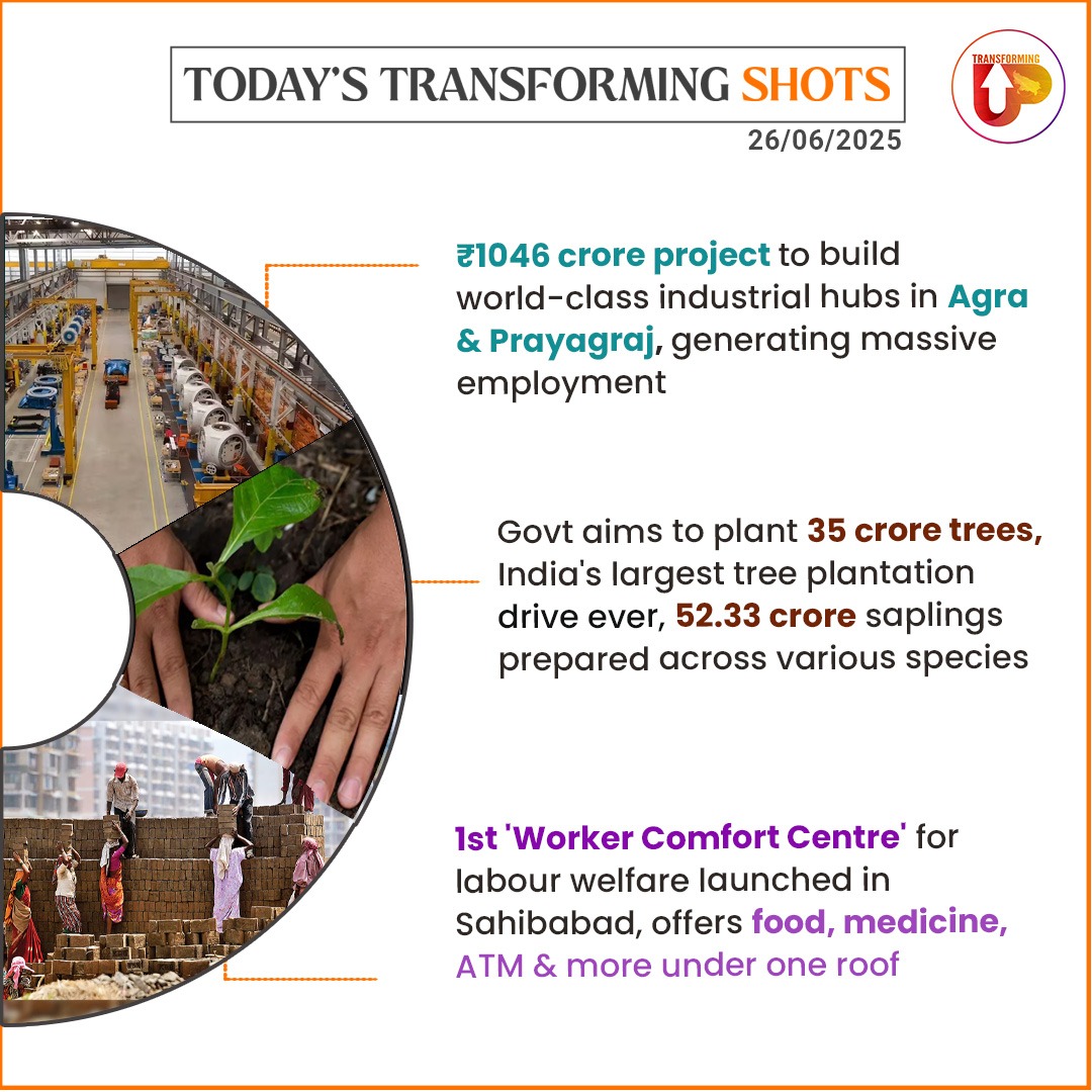 🌟 Today’s Transforming Shots: 

🚀 UP's tech gap bridges with innovative 'AI Pragya' program 

🤝 CSR Initiative Benefits 33,000+ Students in Mainpuri 

🌾 Modern Agri Techniques Transform UP Farming 

🌈 Agra &amp; Prayagraj Get Mega Manufacturing Clusters 

🌳35 Crore Tree