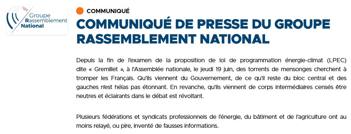 Maxence Cordiez (@maxcordiez) on Twitter photo A la suite du rejet massif de la proposition de loi énergie-climat (dite "Gremillet") à l'Assemblée nationale, le <a href="/RNational_off/">Rassemblement National</a> a publié un communiqué problématique à plusieurs égards.
Lien vers le communiqué : lnkd.in/eVCizUE6
1/10 A la suite du rejet massif de la proposition de loi énergie-climat (dite "Gremillet") à l'Assemblée nationale, le <a href="/RNational_off/">Rassemblement National</a> a publié un communiqué problématique à plusieurs égards.
Lien vers le communiqué : lnkd.in/eVCizUE6
1/10