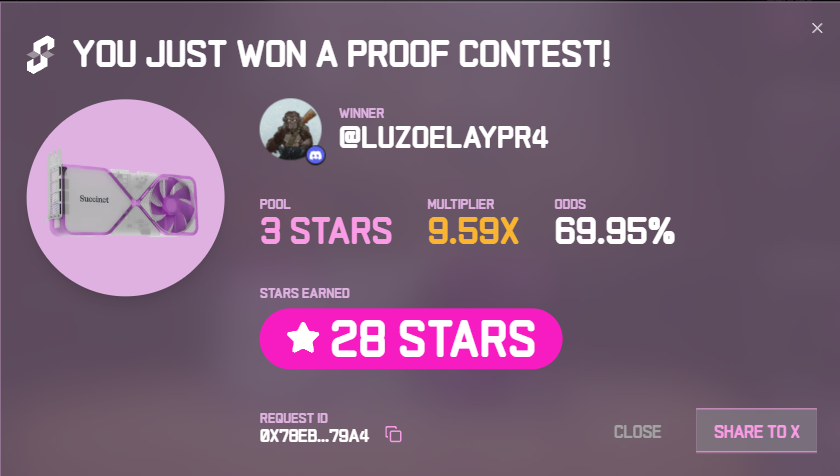 I just won 28 stars in the Succinct Stage 2 Proof Contest! Prove with us <a href="/SuccinctLabs/">Succinct</a> #ProveWithUs 

Ready for Succinct Summer!