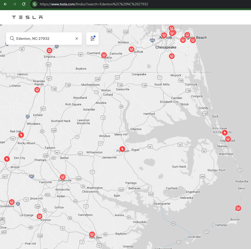 Suggested <a href="/TeslaCharging/">Tesla Charging</a> consider Edenton, NC for a future location. Some folks traveling east to OBX on US-64 continue on US-17 at Williamston, before Plymouth V2s.  Elizabeth City is an option with its nearby wind farm. Edenton has Old Colony Smokehouse. tesla.com/suggest-superc…
