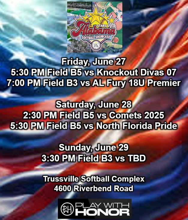 AlabamaFirecrackers07-Williams (@firecrackers07) on Twitter photo 🚨Come watch us at the Stars Over Alabama Showcase at the Trussville Softball Complex this weekend!
<a href="/DCEliteSoftball/">DC Elite Softball</a> <a href="/AndyLeeNWF/">Andy Lee</a> <a href="/coachNat21/">Natalie</a> <a href="/UUAthleticsSB/">Union University Softball</a> <a href="/carsonowens12/">Carson O.</a> <a href="/JoeGuth08812179/">Joe Guthrie</a> <a href="/tsmartt14/">Taylor Smartt</a> <a href="/coachangelbrown/">Angel Brown</a> <a href="/StinaMcC7/">Kristina McCain</a> <a href="/Mmitigerssoftba/">MMI Softball</a> <a href="/DJSanders37/">Doni Jeneé</a> <a href="/SUSCC_Athletics/">SU Athletics</a> 🚨Come watch us at the Stars Over Alabama Showcase at the Trussville Softball Complex this weekend!
<a href="/DCEliteSoftball/">DC Elite Softball</a> <a href="/AndyLeeNWF/">Andy Lee</a> <a href="/coachNat21/">Natalie</a> <a href="/UUAthleticsSB/">Union University Softball</a> <a href="/carsonowens12/">Carson O.</a> <a href="/JoeGuth08812179/">Joe Guthrie</a> <a href="/tsmartt14/">Taylor Smartt</a> <a href="/coachangelbrown/">Angel Brown</a> <a href="/StinaMcC7/">Kristina McCain</a> <a href="/Mmitigerssoftba/">MMI Softball</a> <a href="/DJSanders37/">Doni Jeneé</a> <a href="/SUSCC_Athletics/">SU Athletics</a>