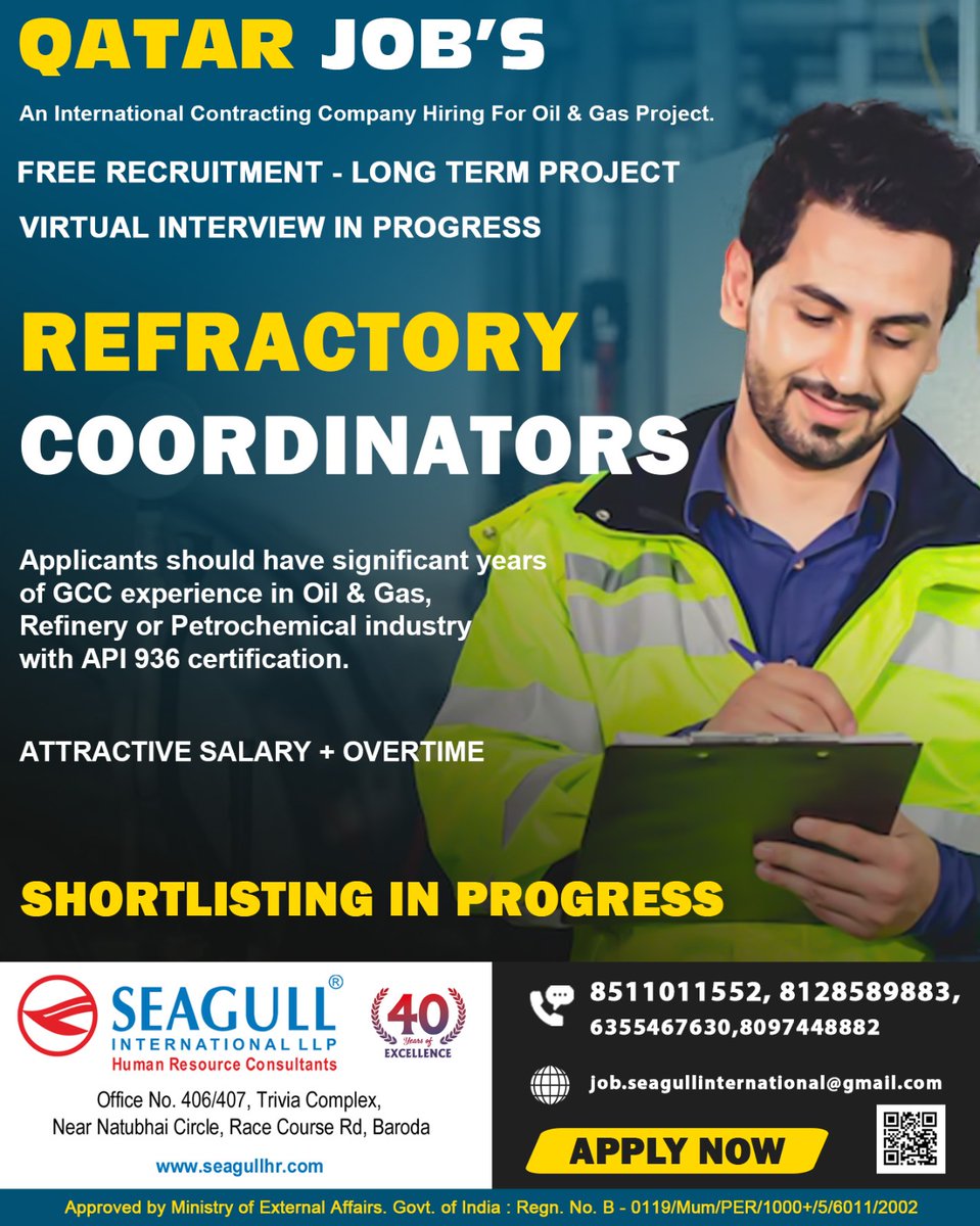 hrd1_seagull's tweet photo. 🔥 Qatar Opportunity Free Recruitment | 

 Virtual Interviews in Progress

📌 Shortlisting in Progress

,

,

#QatarJobs #OilAndGasJobs #RefractoryCoordinator #API936 #FreeRecruitment #SeagullInternational #VirtualInterview #GulfJobs #JobAlert https://t.co/ovudkj01vx