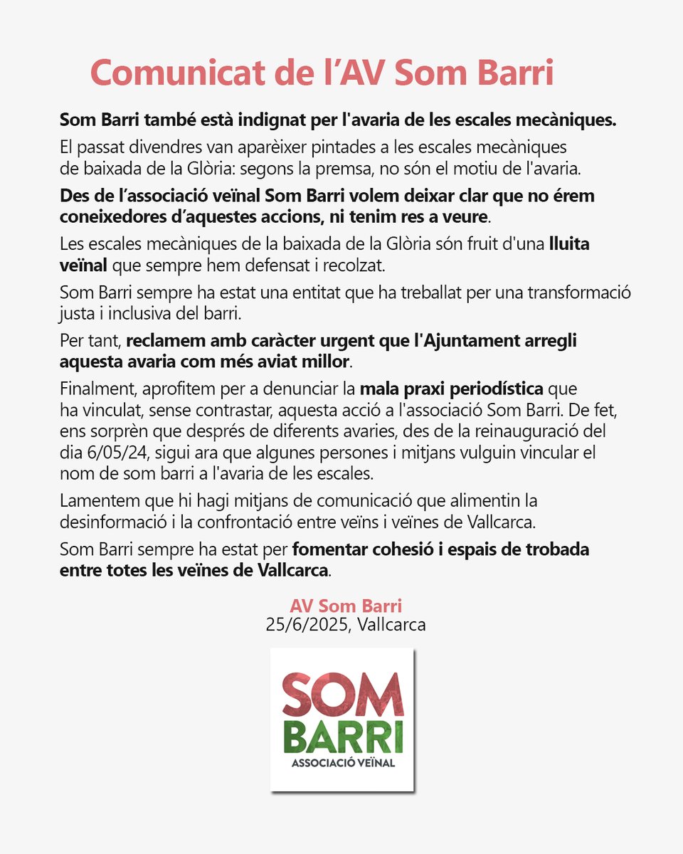📣 Comunicat de l'AV Som Barri sobre la recent avaria a 2 trams de les escales mecàniques de la Baixada de la Glòria i l'aparició d'una pintada reivindicativa.