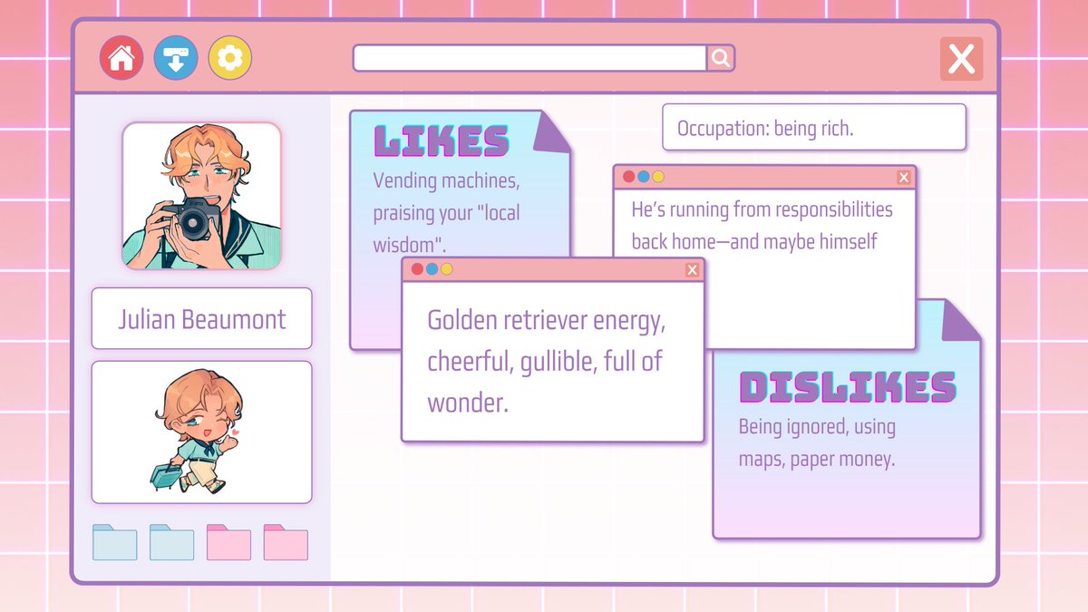 Heartstop Tour's hot tourist and cute mascot are here! Not to start bickering between them for your affection, but tell me: are you romancing Julian or Riku? Vote down the comments!

#visualnovel  #otome #romance #cozy #datingsim #OtomeJam