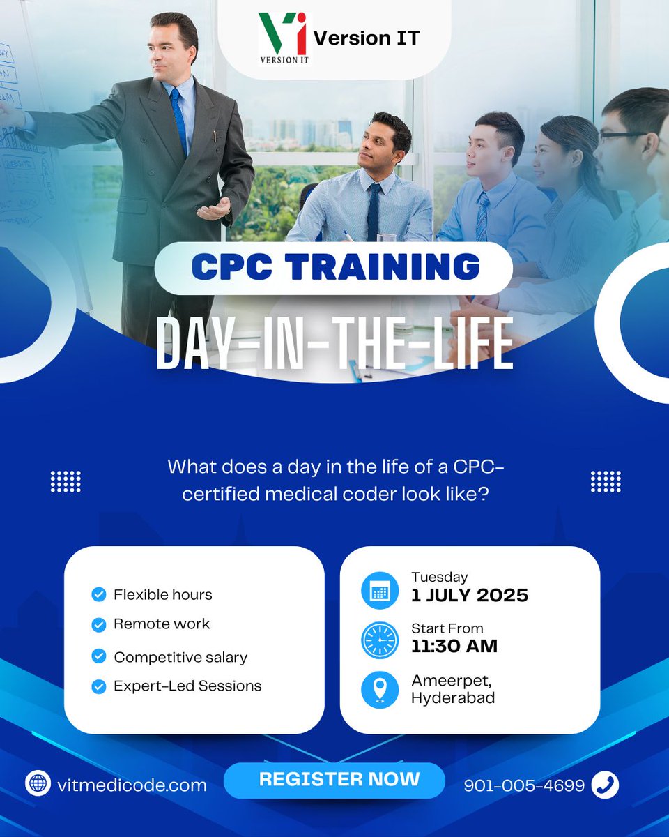 vit_medicode's tweet image. 📌Day-in-the-Life
Caption:
👩‍💻 What does a day in the life of a CPC-certified medical coder look like?

🔗 Know more: shorturl.at/Cb8ol

🎯Free Demo Session
📅 Date: July 1, 2025
🕥 Time: 11:30 AM
📞 Call: +91 9010054699
=
#CPCTraining #VersionIT #MedicalCoding #CPC #Jobs