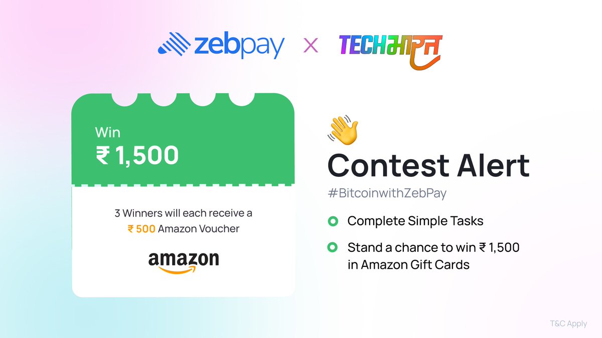 techbharat's tweet photo. Weโre thrilled to launch our Giveaway campaign in collaboration with ZebPay to give away โน1500 in Amazon gift cards!
How to Enter:
1. Follow @ZebPay & @techbharat
2. Like and RT this post
3. Tag 2 friends in the comments and use #BitcoinWithZebPay
โฐ Hurry! The contest ends in 5 days.
Spread the word, tag friends, and keep winning! ๐
#Giveaway #Contest #Rewards #bitcoin