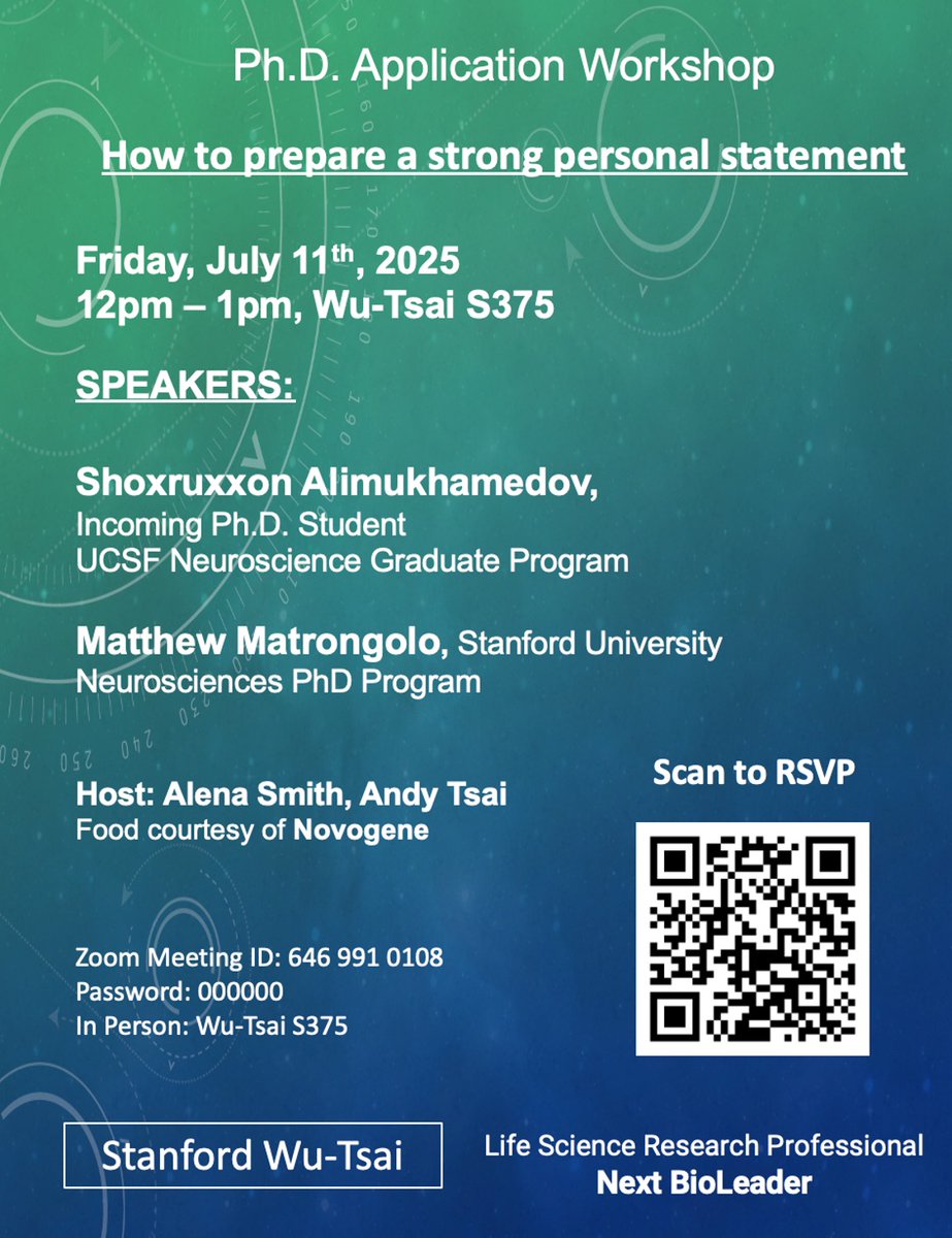 🎓 Applying to PhD programs?
<a href="/NextBioLeader/">Next BioLeader</a> has you covered.

Join our workshop on how to write a strong personal statement with speakers from Stanford!

🗓️ July 11 | 🕛12–1PM | Wu Tsai S375
🍱 Lunch by <a href="/NovogeneAmerica/">Novogene America</a> 
🔗 RSVP: forms.gle/EduVk6YYYZQCSt…

#PhDApps #FuturePhDs