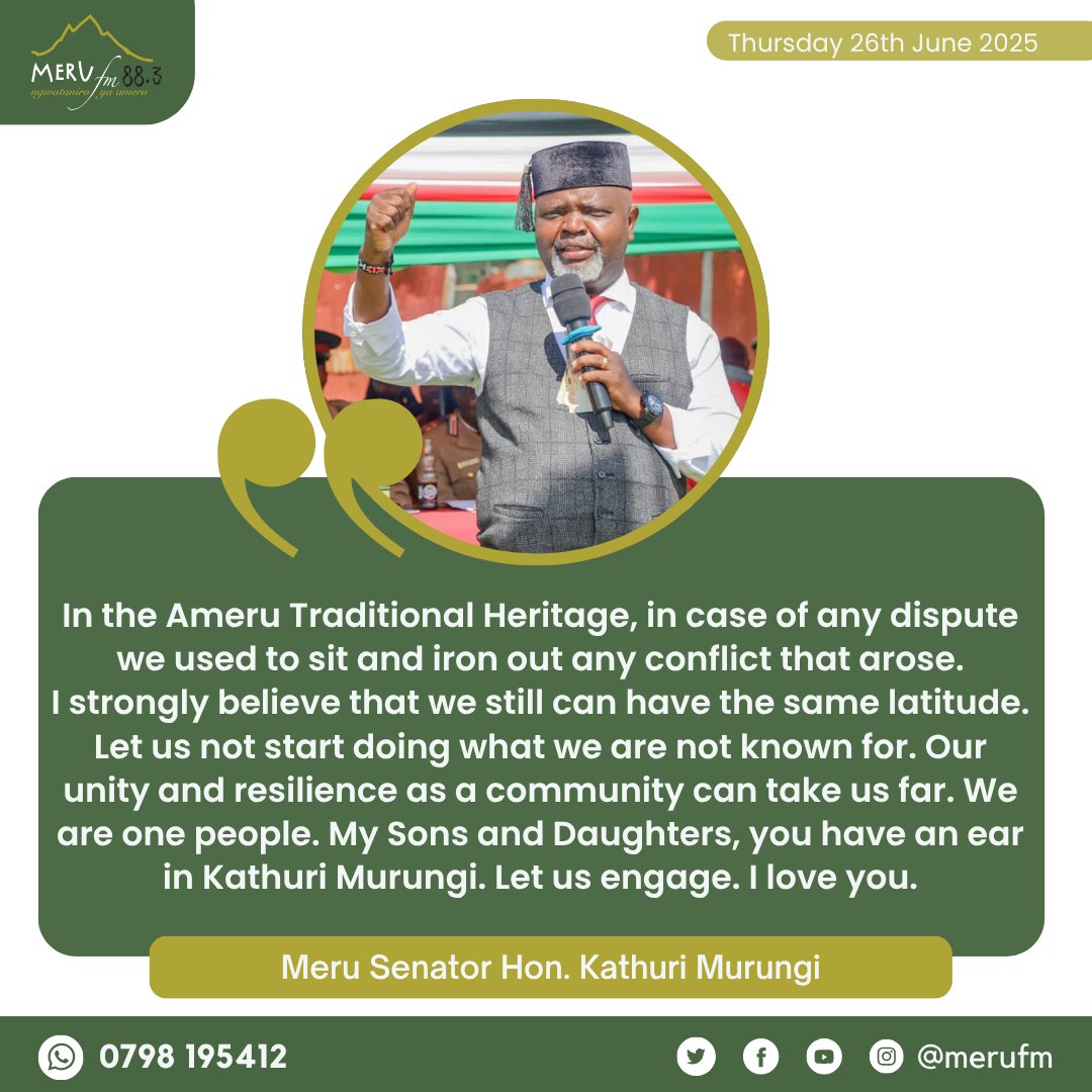 ''In the Ameru Traditional Heritage, in case of any dispute we used to sit and iron out any conflict that arose.  Our unity and resilience as a community can take us far. We are one people.''-Meru Senator Hon. Kathuri Murungi
#MeruFmNews