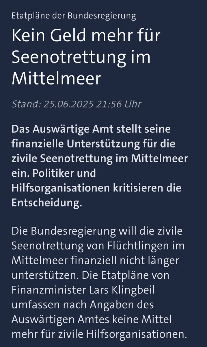 900.000 € für zivile Seenotrettung werden gestrichen – unter SPD-Finanzminister Klingbeil. Ein kaum messbarer Betrag im Bundeshaushalt. Aber für Menschen im Mittelmeer bedeutet er Leben oder Sterben.  Die SPD sollte sich schämen