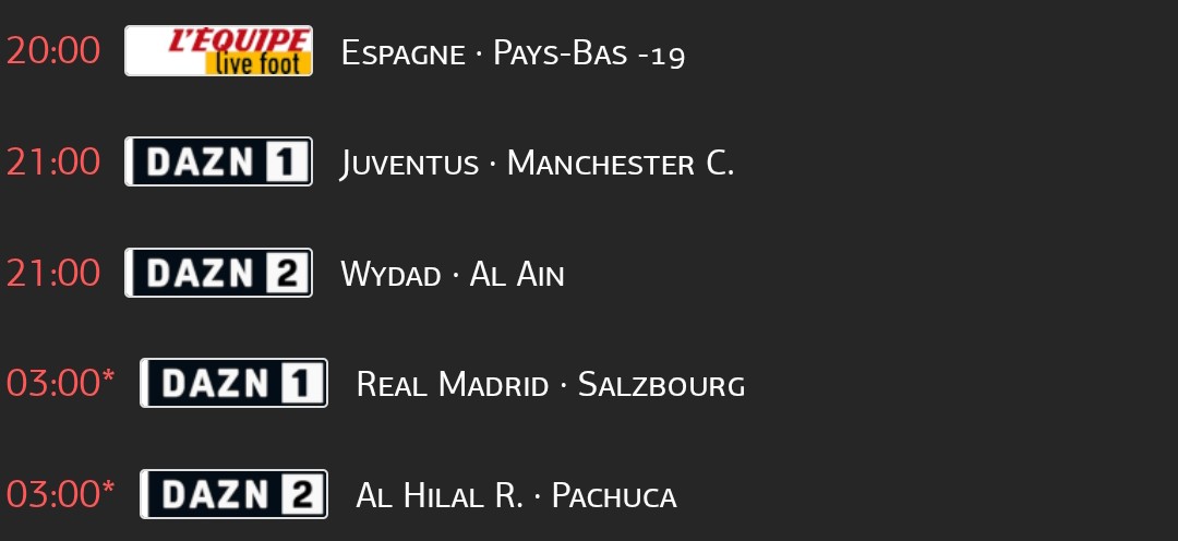 TrisInfoFoot's tweet photo. Le programme foot de ce Jeudi 26 juin: #ESPPBS #FIFAClubWorldCup2025 #JUVMCI #WydadAlAin #RMARBS #AlHilalPachuca https://t.co/BA8udtgipH