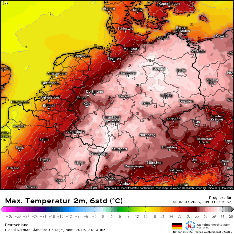 Auch nach den neuen Modellen hat das ICON-Modell den größten #Hitze​koller. Es schiebt die Hitzeblase mit >35, örtlich 40 Grad nächsten Mittwoch jetzt weiter in den Nordosten! Siehe kachelmannwetter.com/de/modellkarte…, aber Modellvergleich über blaue Buttons nicht vergessen! /FA