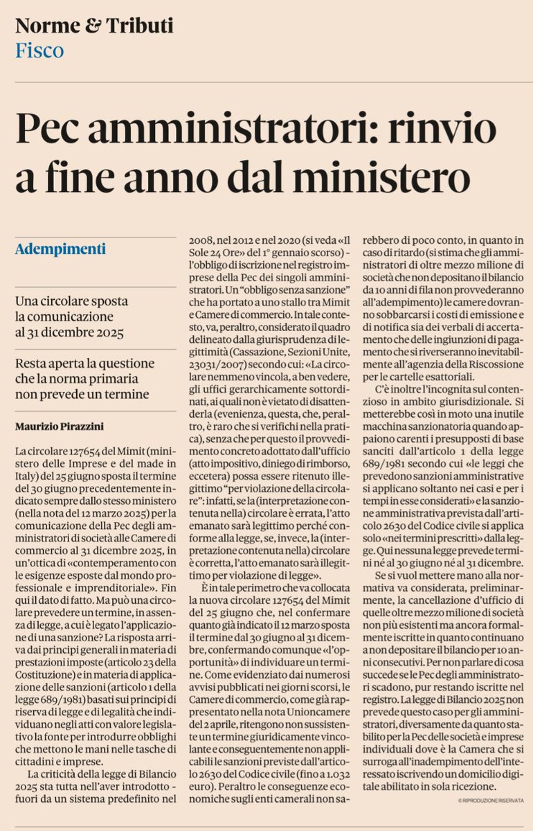 mpiraz's tweet photo. Condivido l'articolo pubblicato oggi su Il sole 24 ore sul tema PEC degli amministratori. Senza  legge nessun termine e sanzione  Nessuno ha ancora capito a cosa serve obbligare gli amministratori a dotarsi di una propria PEC diversa da quella della società. Questo il vero tema https://t.co/zuXHj6MPnO