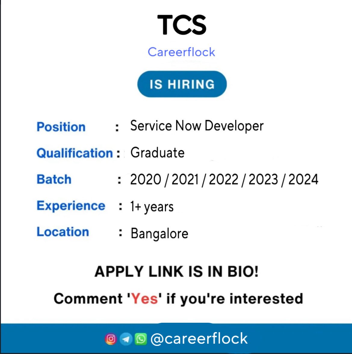 vinaychandersen's tweet image. Hiring Alert!!!
#TCS is hiring as Service Now Developer.
Qualification: B.E/B.Tech/M.E/M.Tech/MCA/M.Sc
Salary: 10LPA-15LPA
Apply Now :- careerflock.in/tcs-hiring-for…
#TCSJobs #ServiceNowDeveloper #ITJobs #TechCareers #NowHiring