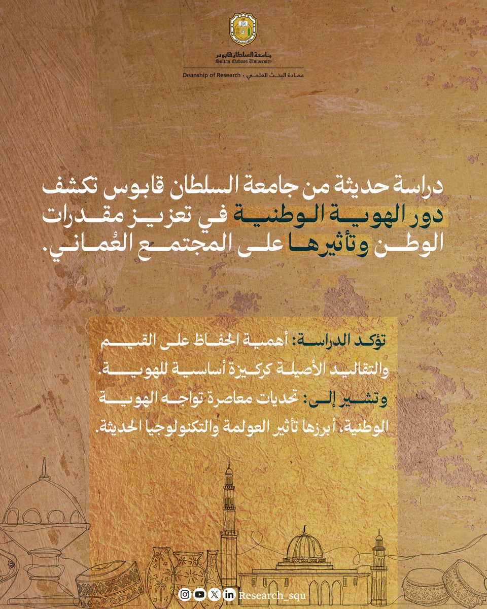 Research_SQU's tweet image. برأيك ما العوامل التي تُعزز الهوَّية الوطنية العمانية وتحافظ عليها في مواجهة التحديات المعاصرة؟
jass.squ.edu.om/journal/vol16/…
#نبحث_للغد
#جامعة_السلطان_قابوس
