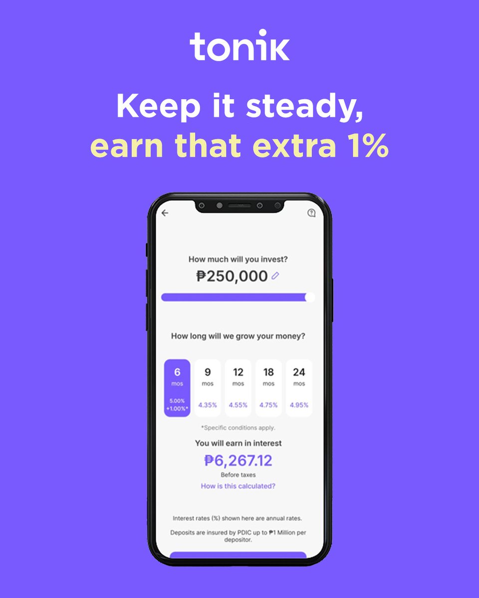 Don’t settle for just 5% —get that extra 1% easily and earn 6% p.a. on your 6-month Time Deposit!​ ​Open a TD today and watch your money work while you nap. 

P.S. Effective July 1, Time Deposits will have a maximum amount of ₱100,000.​

​ Plan your deposits wisely! XOXO💜