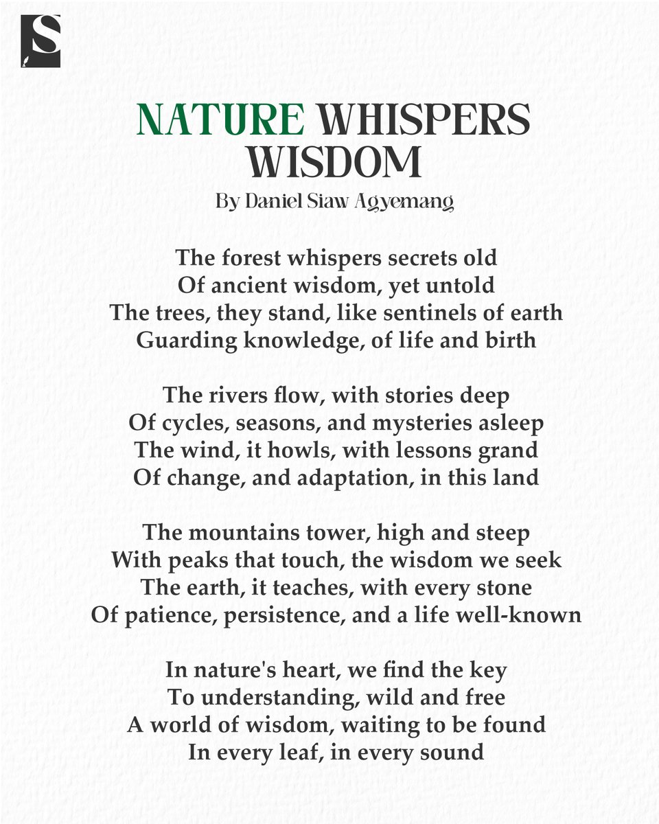 siawjnrpoetics's tweet photo. Nature Whispers Wisdom
.
.
.
#poet #poetry #poetics #nature #whispers #wisdom #viral https://t.co/LZjJk4DBqk
