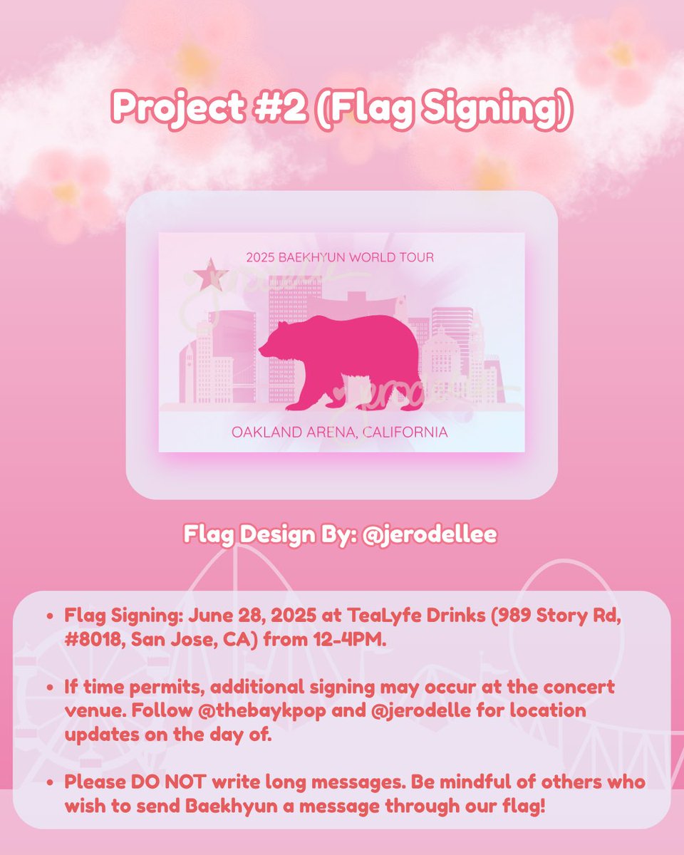 nbthyung's tweet photo. ❣️#BAEKHYUN IN OAKLAND OFFICIAL FAN PROJECTS NOTICE❣️

Hello everyone! Please read through the details of our official, approved fan projects for the Reverie World Tour in Oakland.

Project 1: Banners for Photo Time
Project 2: Flag Signing Event
Project 3: Sing-Along Event https://t.co/dGfXhC5CWM