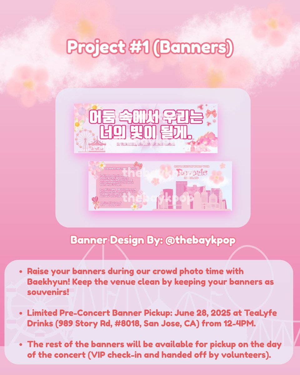 nbthyung's tweet photo. ❣️#BAEKHYUN IN OAKLAND OFFICIAL FAN PROJECTS NOTICE❣️

Hello everyone! Please read through the details of our official, approved fan projects for the Reverie World Tour in Oakland.

Project 1: Banners for Photo Time
Project 2: Flag Signing Event
Project 3: Sing-Along Event https://t.co/dGfXhC5CWM