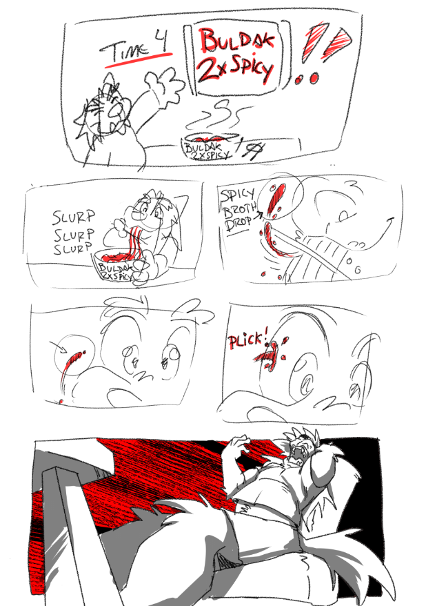 VanScraps's tweet image. Yesterday was Make a Terrible Comic Day, so I wanted to draw an experience I had while enjoying some Spicy Korean Ramen :D