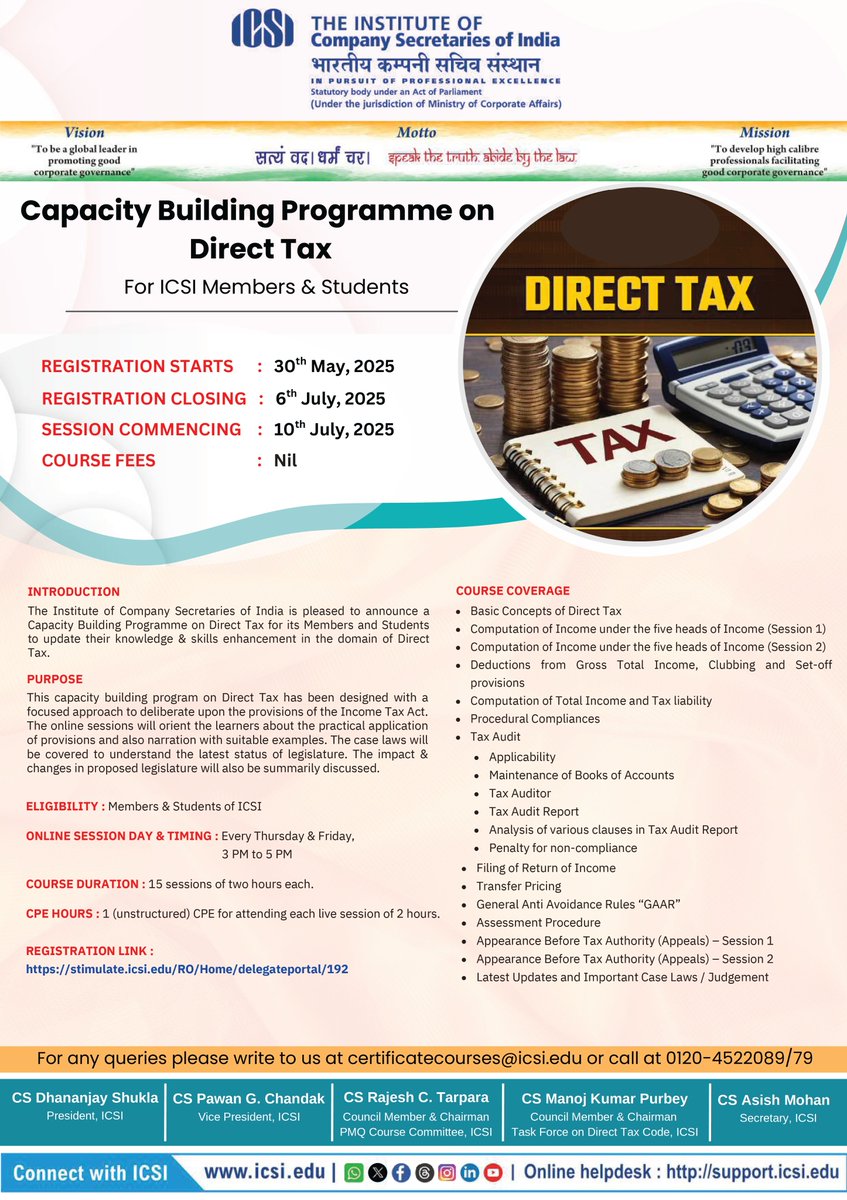 icsi_cs's tweet photo. Last date to register for #ICSICapacityBuilding on #DirectTax is July 6, 2025. Register Now @ https://t.co/YkagPoC01u https://t.co/peaCFEaYRG