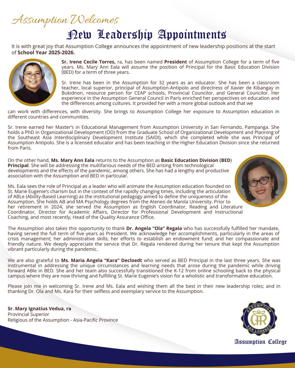 ACSanLoOfficial's tweet photo. With deep gratitude and hope, Assumption College San Lorenzo announces new leadership appointments for School Year 2025-2026.

May our new leaders be guided with wisdom and grace in their mission ahead, and may their service be blessed. https://t.co/pwFRqxZe5q