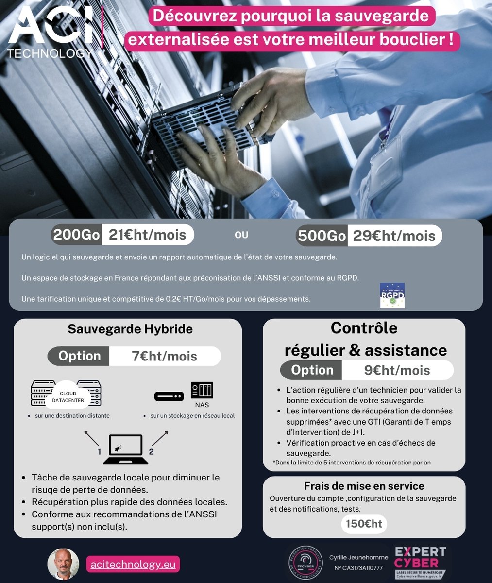 ACI_Technology's tweet image. 🚨 Perdre ses données, c'est risquer son entreprise ! Sécurisez dès maintenant vos postes de travail avec la sauvegarde externalisée ACI Technology, automatique &amp;amp; conforme RGPD.

📞01 84 16 09 73
 🔗bit.ly/41a9wVK 

#ACITechnology #Cybersécurité
