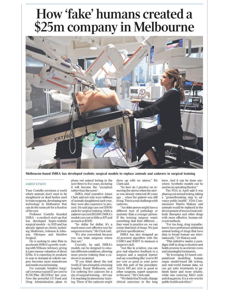IMRA Surgical - also on Bluesky (@imrasurgical) on Twitter photo A recent article by Jared Lynch in the Australian shared some insights from IMRA founder <a href="/TonyCostello/">Tony Costello</a> and our CEO <a href="/AdamClarke/">Adam Clarke</a> on the innovations IMRA has made, aiming to eliminate the need for animal or human tissue in surgical training.
A great story of success out of A recent article by Jared Lynch in the Australian shared some insights from IMRA founder <a href="/TonyCostello/">Tony Costello</a> and our CEO <a href="/AdamClarke/">Adam Clarke</a> on the innovations IMRA has made, aiming to eliminate the need for animal or human tissue in surgical training.
A great story of success out of