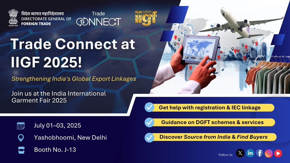 Visit the Trade Connect e-Platform stall the India International Garment Fair (IIGF) 2025

📅 July 01–03

📍 Yashobhoomi, New Delhi

📌 Booth No. J-13

Explore global outreach, IEC support &amp; DGFT guidance with Trade Connect

#IIGF2025 #TradeConnect #GlobalTrade #GarmentExporters