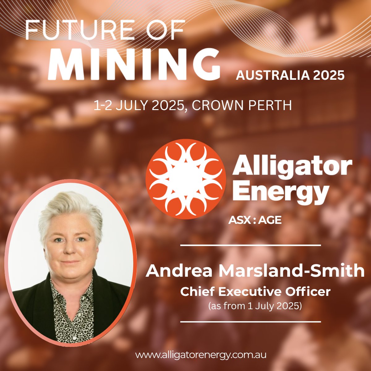 $AGE's incoming CEO, Dr Andrea Marsland-Smith will be attending the Future of Mining Australia 2025 held at the Crown Perth next week. 
🎤Andrea will be participating in a panel discussion, Wed, 2nd July, 10:40am-11:20am AWST.
Attending?  Reach out - Andrea would love to connect.