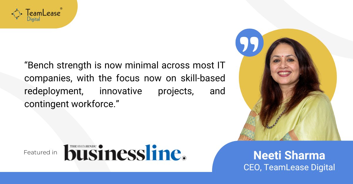TeamLeaseDGT's tweet image. Neeti Sharma, CEO of TeamLease Digital, featured in BusinessLine, weighing in on the trend of IT giants slashing bench time to enhance agility and efficiency.

Read the full article 

#WorkforceEfficiency #BenchManagement #NeetiSharma #TeamLeaseDigital #TechTalent #AgileWorkforce