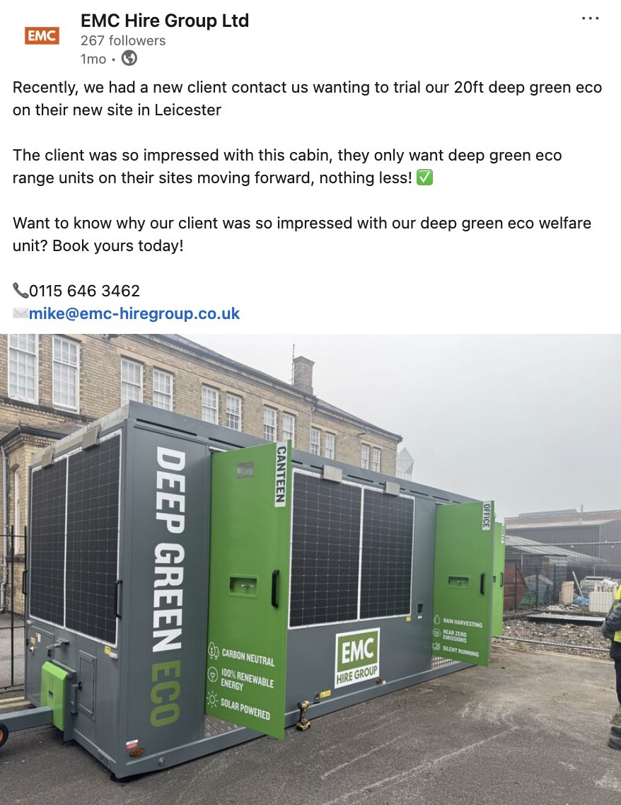 Just like this EMC Hire customer, more and more companies are now committing to using our sustainable solar welfare solutions on their sites. Once you see the Deep Green difference to your running costs, emissions and staff comfort, there's no going back!
loom.ly/qKyvBOY